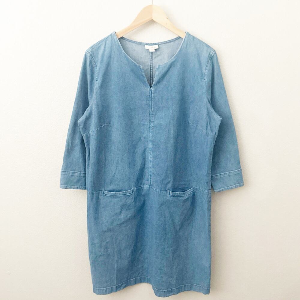 J. JILL DENIM | Jean Notch Collar shift Dress 3/4 Sleeve Front Pockets | Size 14